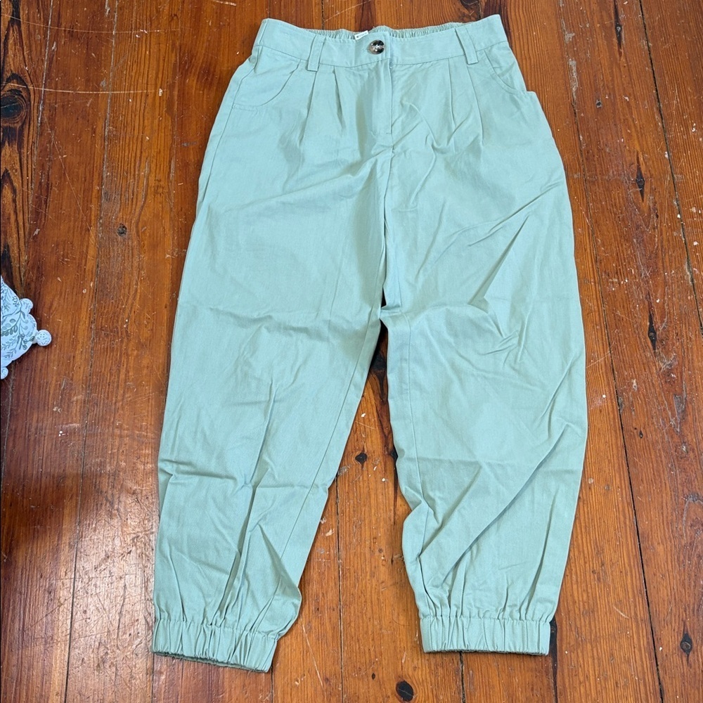 Halara Womens Jogger Pants Mid Rise Pleated Pockets Cotton Twill Green Medium‎